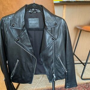 All-Saints black leather jacket size 4 (Dalby slim-fit)